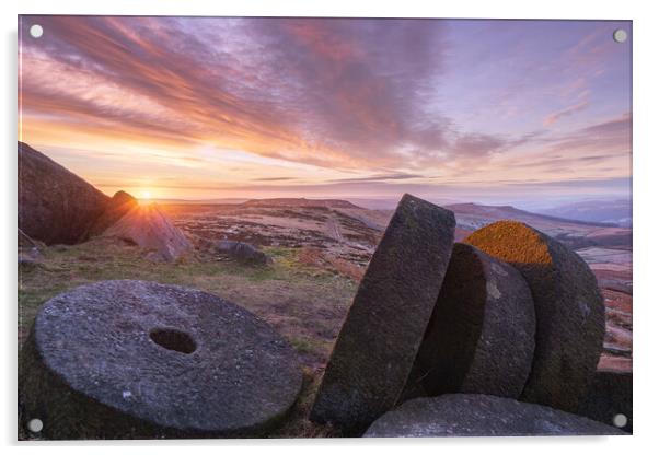 Millstones at sunrise, Derbyshire.  Acrylic by John Finney