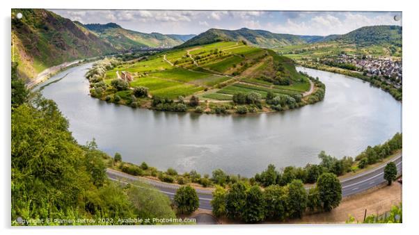 Panoramic view of the Moselle River bend near the Germany historic village Bremm. Acrylic by Plamen Petrov
