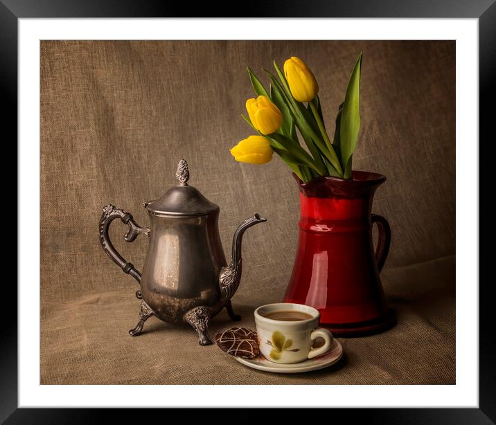 Tulips and Tea Framed Mounted Print by Kelly Bailey