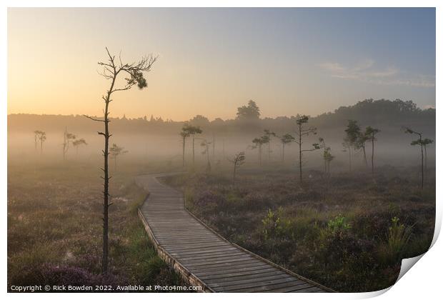 Misty Sunrise at Dersingham Bog Print by Rick Bowden