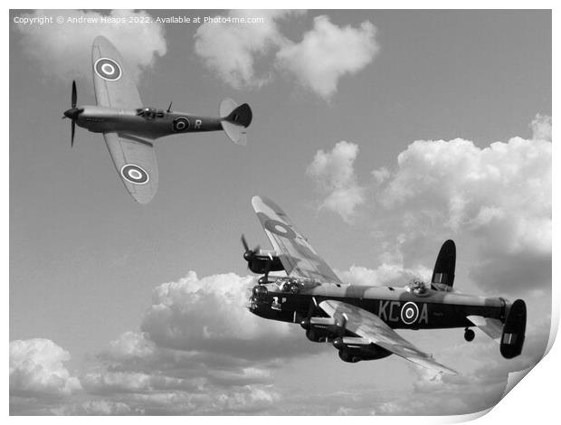 Lancaster bomber and blue spitfire in black & whit Print by Andrew Heaps