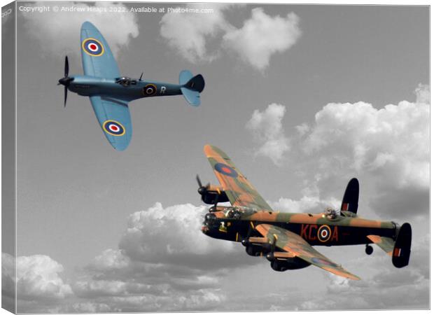 Lancaster bomber and blue spitfire Canvas Print by Andrew Heaps