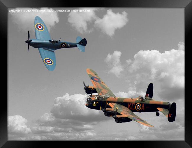 Lancaster bomber and blue spitfire Framed Print by Andrew Heaps