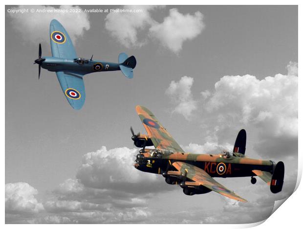 Lancaster bomber and blue spitfire Print by Andrew Heaps