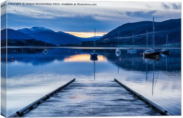 Yachts moored in Ullapool harbour at daybreak Canvas Print by Angus McComiskey