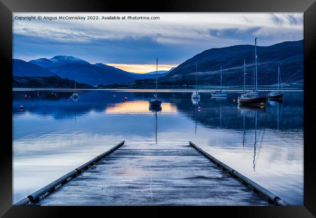 Yachts moored in Ullapool harbour at daybreak Framed Print by Angus McComiskey