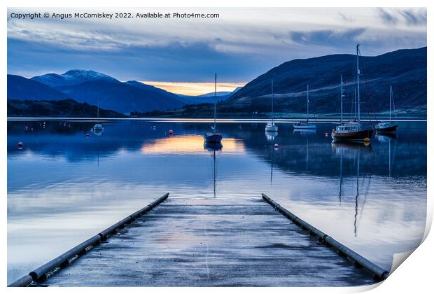 Yachts moored in Ullapool harbour at daybreak Print by Angus McComiskey