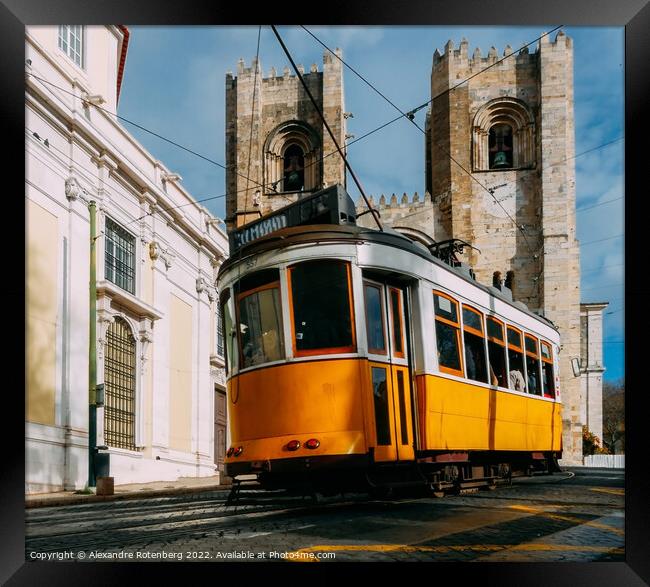 Se Lisbon Cathedral with a traditional yellow tram Framed Print by Alexandre Rotenberg