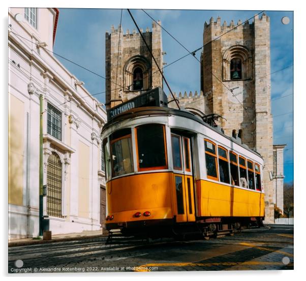 Se Lisbon Cathedral with a traditional yellow tram Acrylic by Alexandre Rotenberg