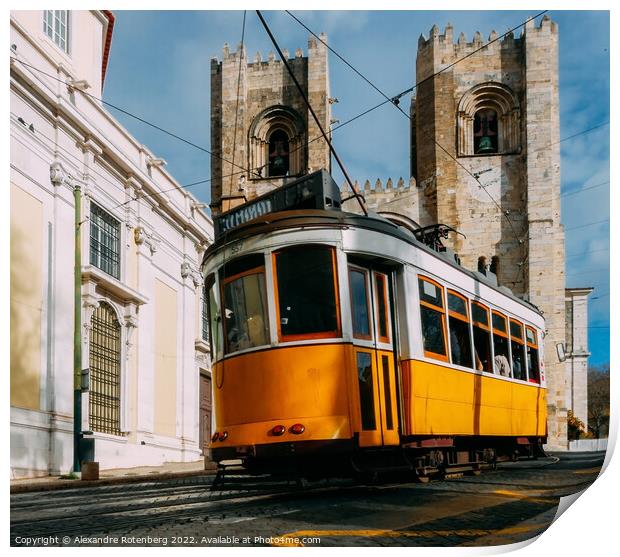Se Lisbon Cathedral with a traditional yellow tram Print by Alexandre Rotenberg