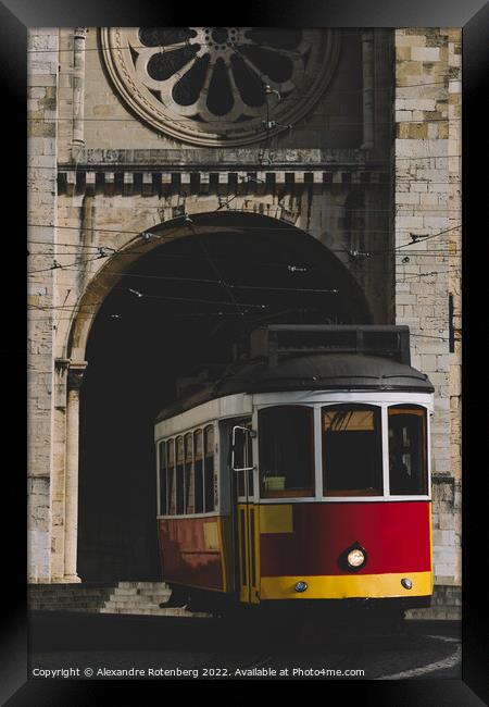 Traditional yellow Lisbon Tram in front of Se Cathedral  Framed Print by Alexandre Rotenberg
