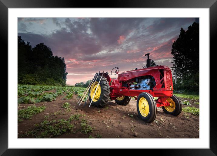 Red tractor in field Framed Mounted Print by Leighton Collins