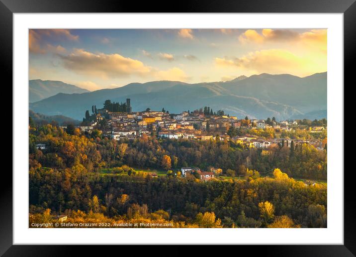 Barga village at sunset in autumn. Garfagnana, Tuscany, Italy. Framed Mounted Print by Stefano Orazzini