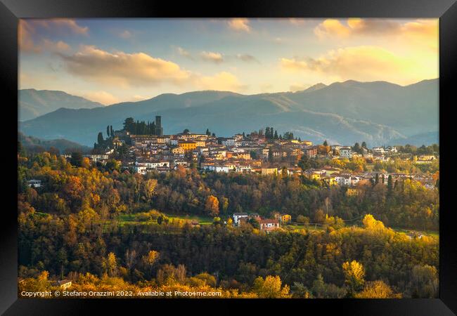 Barga village at sunset in autumn. Garfagnana, Tuscany, Italy. Framed Print by Stefano Orazzini