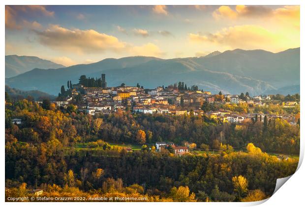 Barga village at sunset in autumn. Garfagnana, Tuscany, Italy. Print by Stefano Orazzini