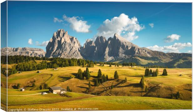 Alpe di Siusi or Seiser Alm and Sassolungo mountain, Dolomites Canvas Print by Stefano Orazzini