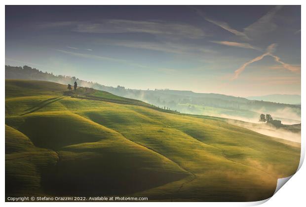 Volterra foggy landscape, trees, rolling hills and green fields  Print by Stefano Orazzini