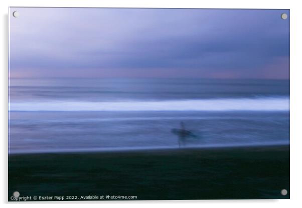Surfer in blue hour  Acrylic by Eszter Papp