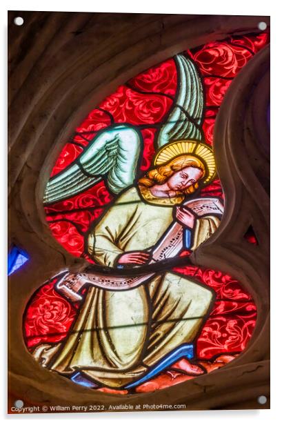 Colorful Red Angel Stained Glass Cathedral Church Bayeux Normand Acrylic by William Perry