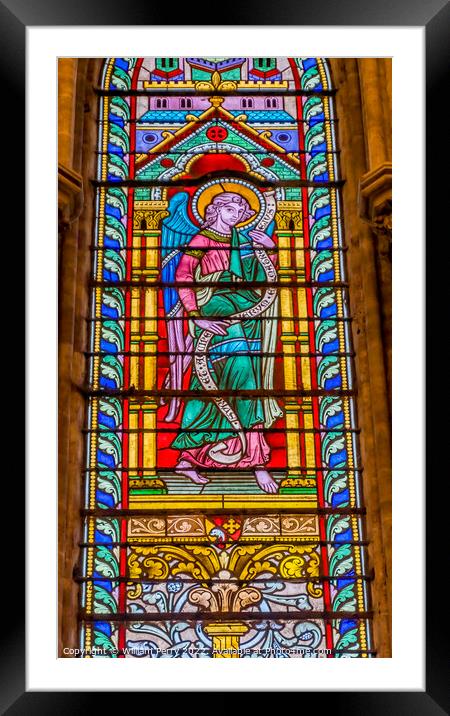 Colorful Angel Stained Glass Cathedral Church Bayeux Normandy Fr Framed Mounted Print by William Perry