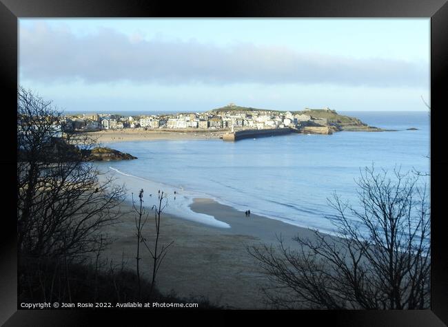 St Ives viewed from the cliff-top coastal path Framed Print by Joan Rosie