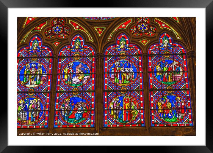 Colorful Old Medieval Stained Glass Cathedral Church Bayeux Norm Framed Mounted Print by William Perry
