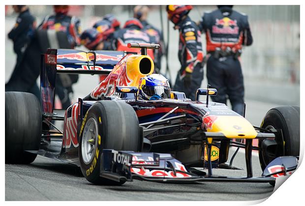Sebastian Vettel leaving the pits Print by SEAN RAMSELL