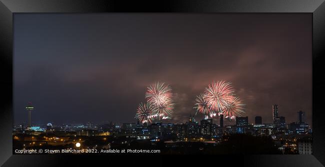 Liverpool skyline fireworks  Framed Print by Steven Blanchard