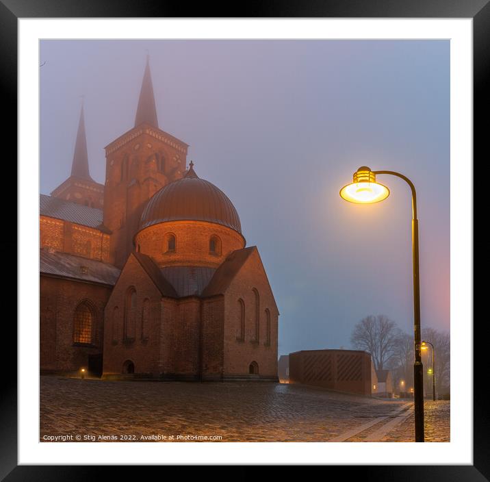 Roskilde cathedral and a streetlight in a misty winter night  Framed Mounted Print by Stig Alenäs