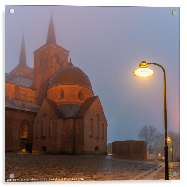 Roskilde cathedral and a streetlight in a misty winter night  Acrylic by Stig Alenäs