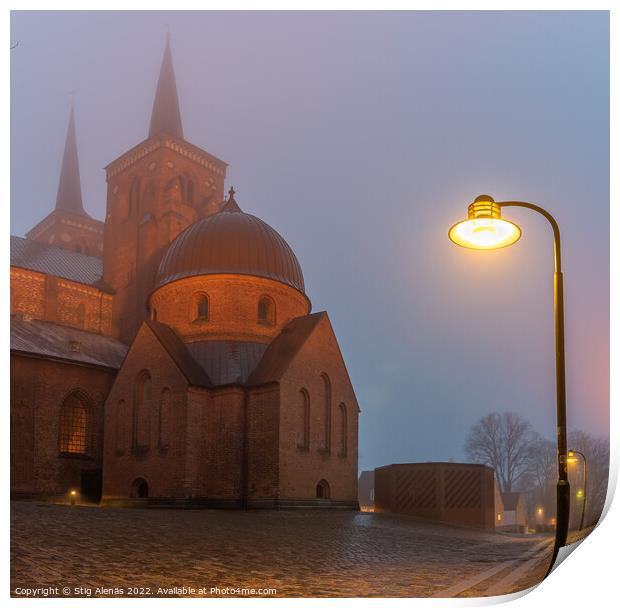 Roskilde cathedral and a streetlight in a misty winter night  Print by Stig Alenäs
