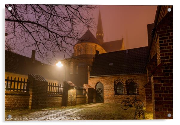 Roskilde cathedral and an illuminated yard with a bike a winter  Acrylic by Stig Alenäs