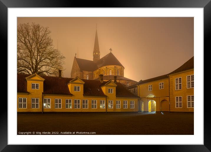 Roskilde Cathedral a foggy night, behind the courtyard of the ye Framed Mounted Print by Stig Alenäs