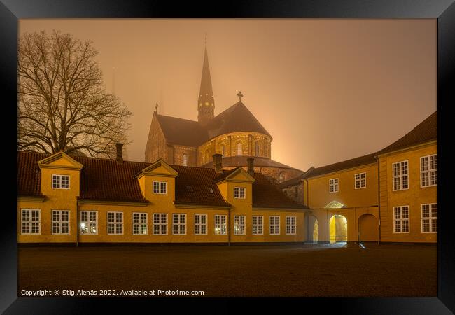 Roskilde Cathedral a foggy night, behind the courtyard of the ye Framed Print by Stig Alenäs