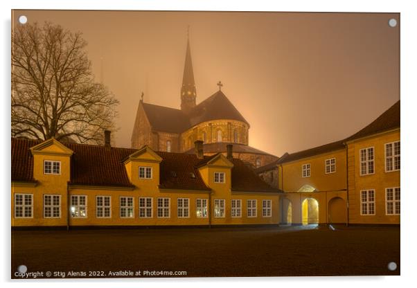 Roskilde Cathedral a foggy night, behind the courtyard of the ye Acrylic by Stig Alenäs