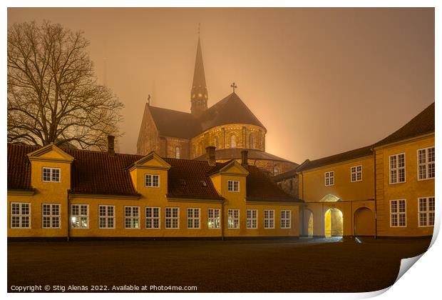 Roskilde Cathedral a foggy night, behind the courtyard of the ye Print by Stig Alenäs