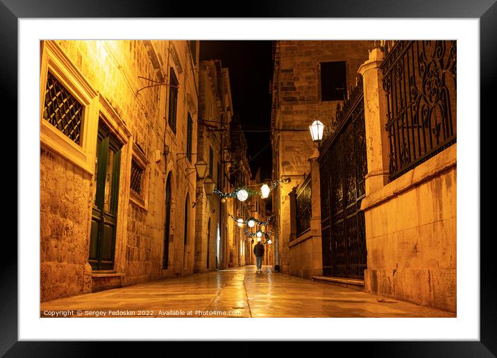 Night view of a narrow street in the historical center of Dubrovnik, Croatia Framed Mounted Print by Sergey Fedoskin