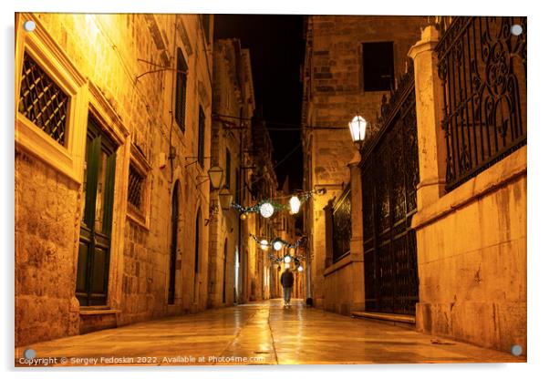 Night view of a narrow street in the historical center of Dubrovnik, Croatia Acrylic by Sergey Fedoskin
