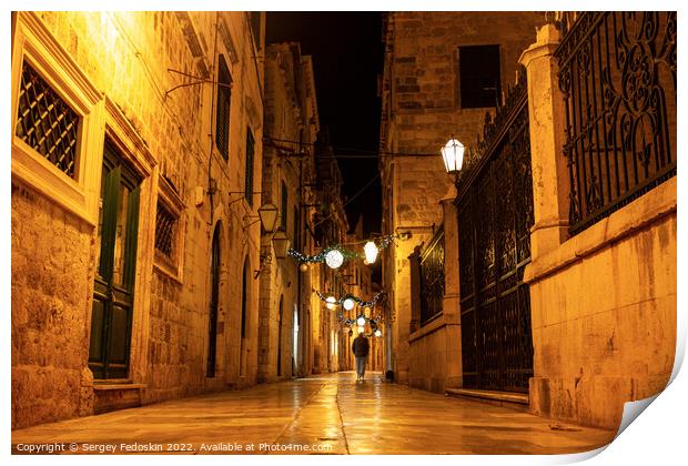 Night view of a narrow street in the historical center of Dubrovnik, Croatia Print by Sergey Fedoskin