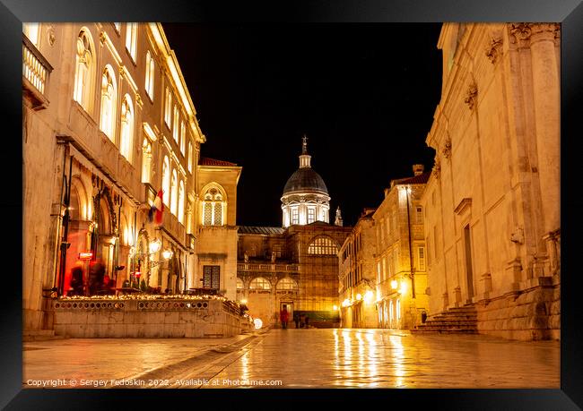 Night view of a narrow street in the historical center of Dubrovnik, Croatia Framed Print by Sergey Fedoskin