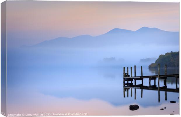 Jetty in the mist at Derwent Water Cumbria Lake Di Canvas Print by Chris Warren
