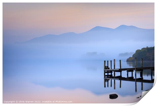 Jetty in the mist at Derwent Water Cumbria Lake Di Print by Chris Warren