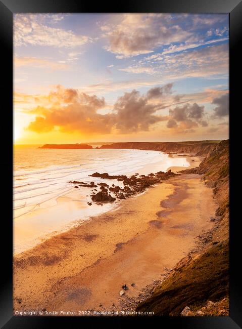 Marloes Sands at sunset, Pembrokeshire, Wales Framed Print by Justin Foulkes