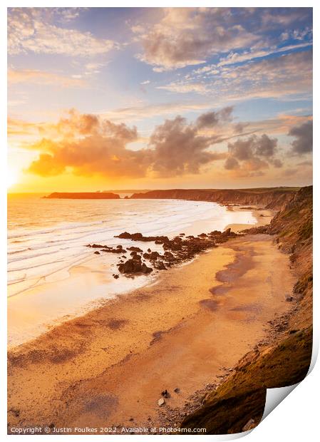 Marloes Sands at sunset, Pembrokeshire, Wales Print by Justin Foulkes