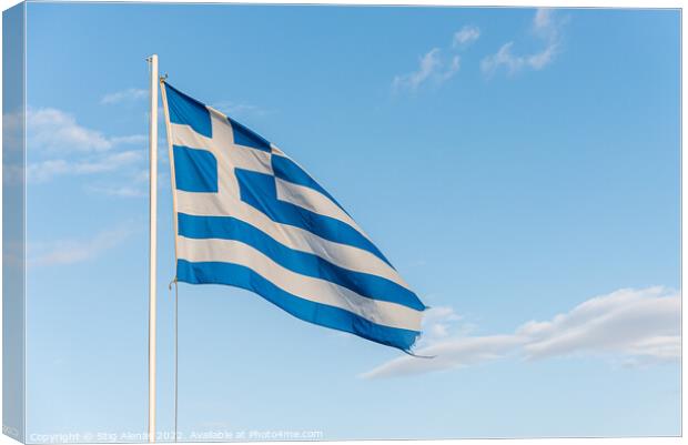 the greek fringed blue and white flag waving in the wind Canvas Print by Stig Alenäs