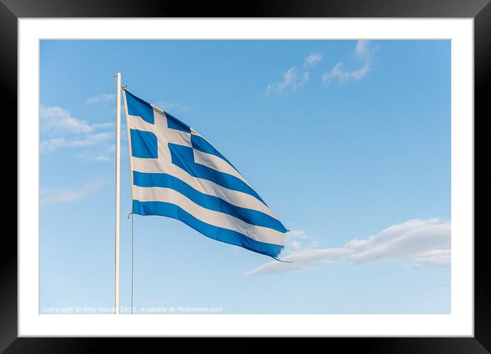 the greek fringed blue and white flag waving in the wind Framed Mounted Print by Stig Alenäs