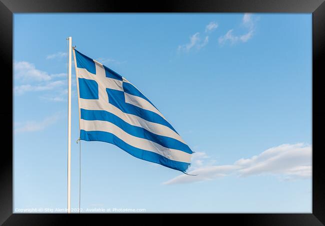 the greek fringed blue and white flag waving in the wind Framed Print by Stig Alenäs