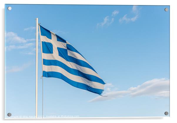the greek fringed blue and white flag waving in the wind Acrylic by Stig Alenäs