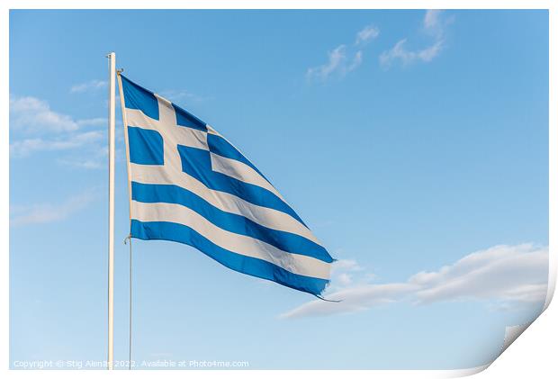 the greek fringed blue and white flag waving in the wind Print by Stig Alenäs