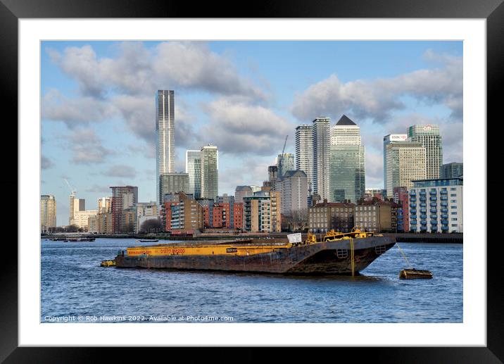 Canary Wharf Barge  Framed Mounted Print by Rob Hawkins